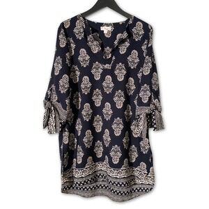 Mioia Women's Medium M Navy Blue Beige Paisley Print 3/4 Sleeve Casual Dress